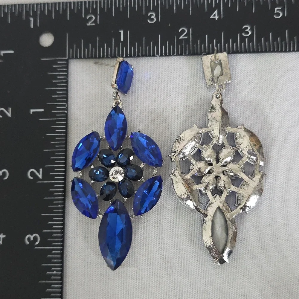 Statement Silver with Blue Crystal Stones Necklace and Matching Earrings Set